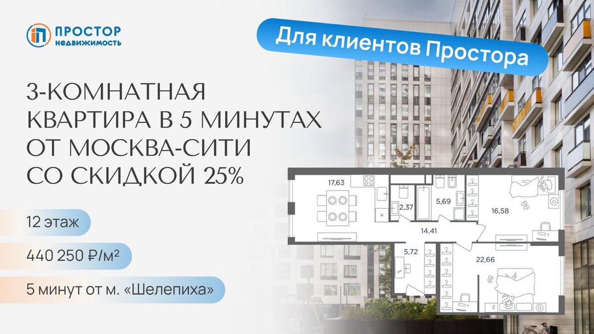 3-комнатная квартира в 5 минутах от Москва-Сити со скидкой 25% 