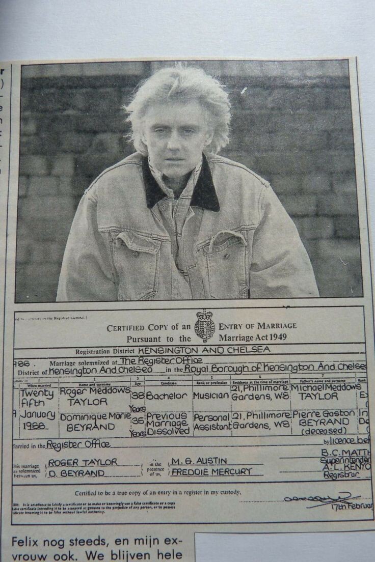 январь 1988, Фредди и Мэри свидетели на свадьбе Роджера и Доминик