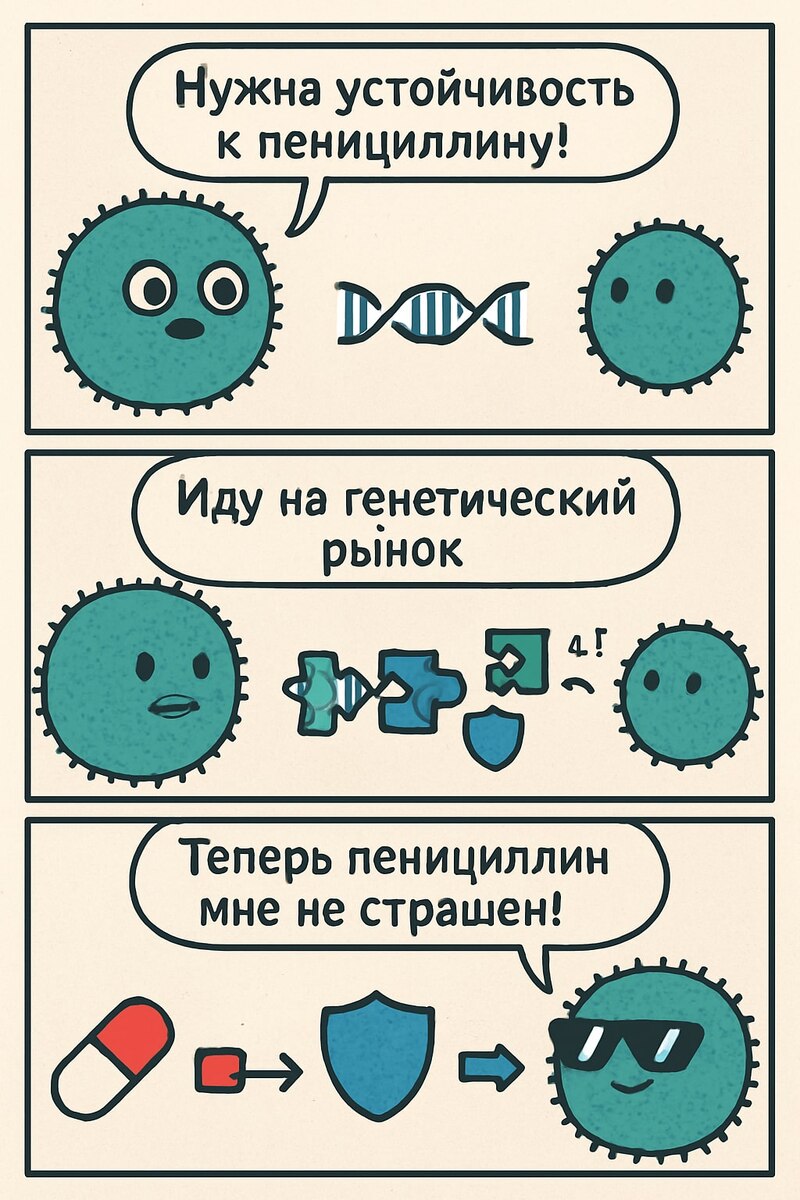 На примере комикса микробы приобретают свою устойчивость примерно так. Изображение by supa.ru