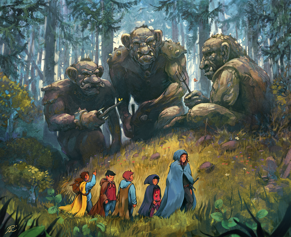 Арагорн ведет хоббитов мимо окаменевших троллей (арт official_pl, Reddit).