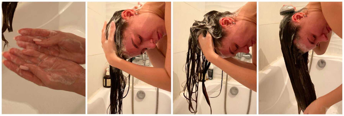 Обратите внимание что шампунь мы наносим только на корни, не на длину. Длине достаточно стекающей пены.