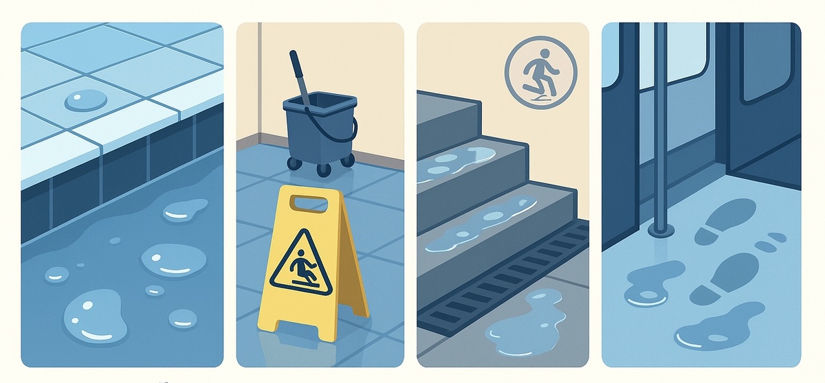 Опасность подстерегает везде: мокрый пол у бассейна, ступени, пандусы, грязь с обуви в транспорте.
