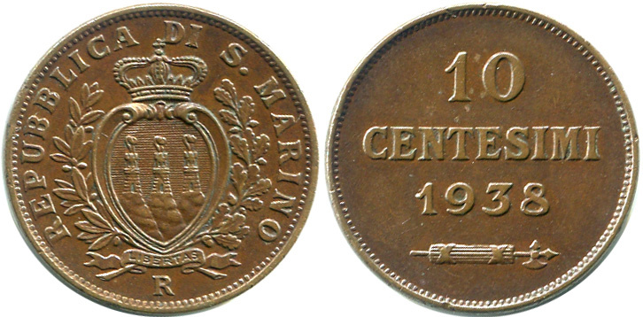 Сан-Марино 10 чентезимо 1938 с фашиной (фацией).
