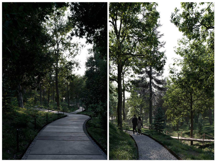 На территории есть лаунжи под открытым небом, ресторан, коворкинг, спортивные площадки и множество других удобств