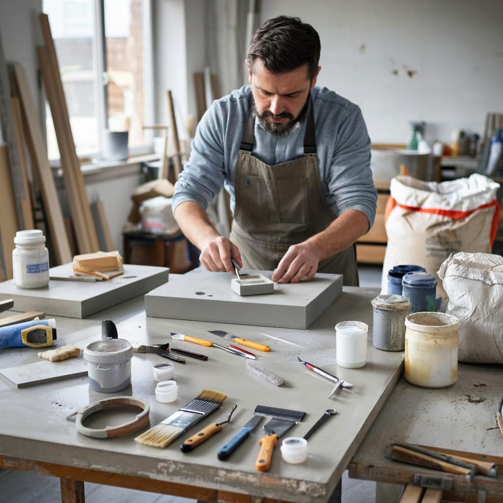 мастер трудится над изготовлеинем журнального стола из микроцемента