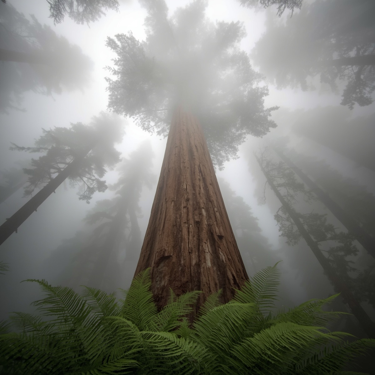Вид снизу вверх на самое высокое дерево в мире. Его ствол, похожий на колонну собора, теряется в облаках, создавая ощущение бесконечности. Гигантские папоротники у основания кажутся крошечными, подчеркивая исполинские масштабы секвойи. Лучи света, пробивающиеся сквозь густую крону, добавляют сцене атмосферности и таинственности.