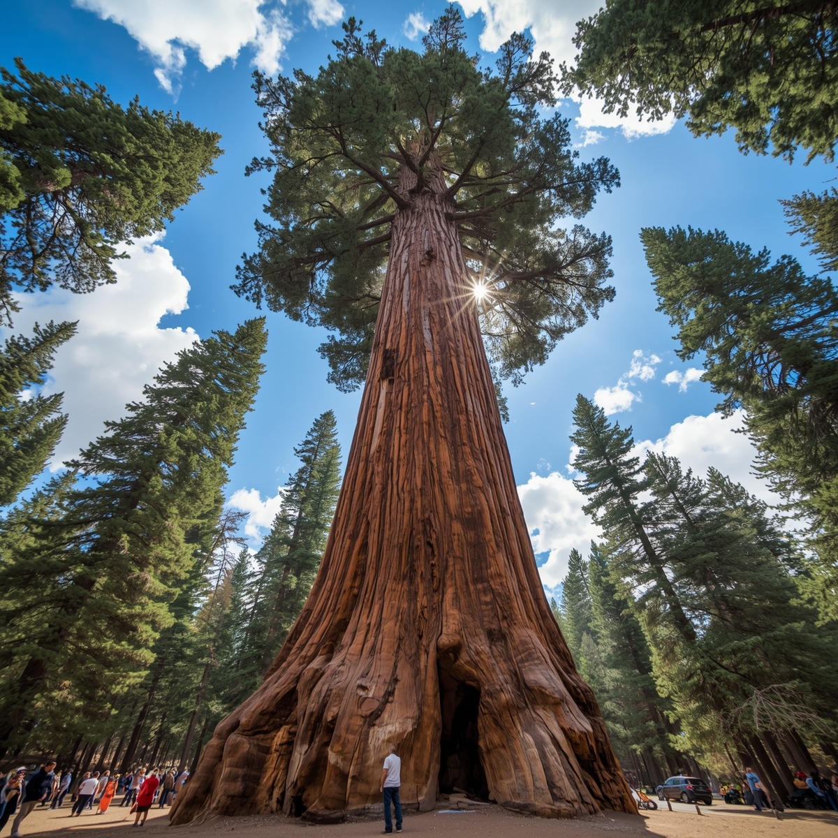 Туристы у подножия Генерала Шермана выглядят как букашки у основания могучего красного исполина. Мощный, ребристый ствол цвета киновари устремляется в небо, а солнце, пробивающееся сквозь его легендарную крону, освещает весь масштаб этого живого небоскреба. Сцена передает невероятную мощь и древность самого массивного живого организма на Земле.