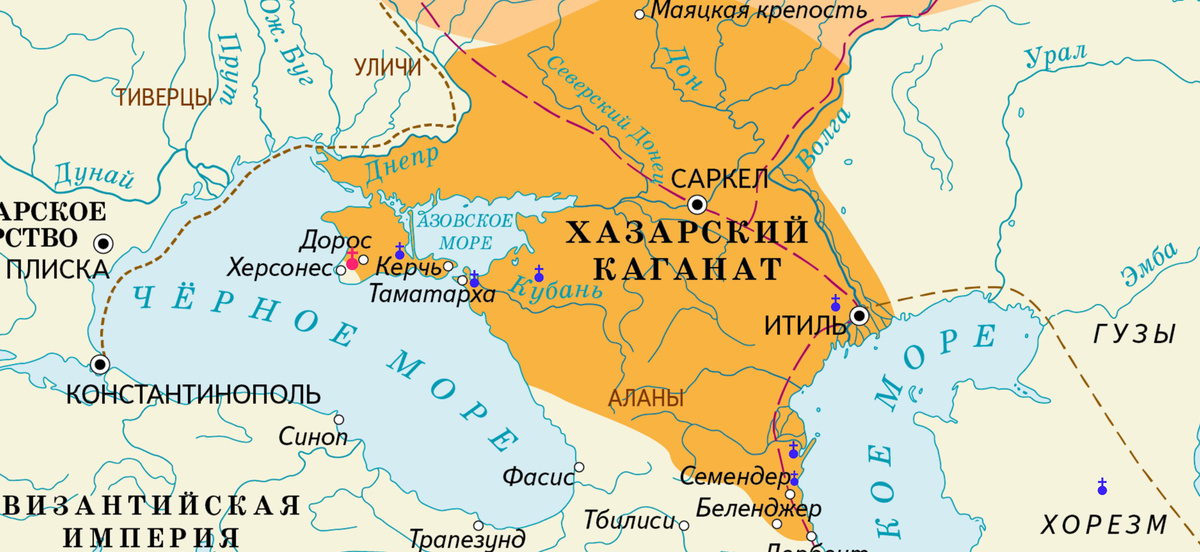 Предполагаемое размещение кафедр Доросской митрополии на политической карте VIII–IX веков.
