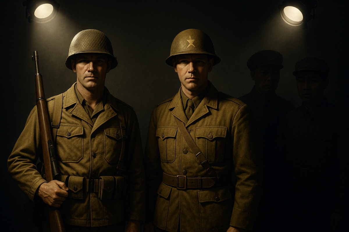 Американский и британский солдаты во всей красе. В то время как советский и китайский воины - в тени на заднем плане
