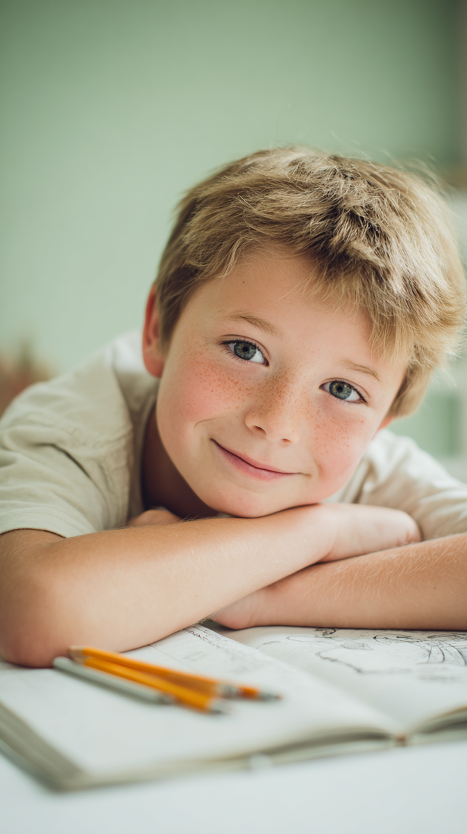 «Ребёнок занимается за столом, с интересом учит китайский язык через игры и книги, улыбаясь в процессе обучения».