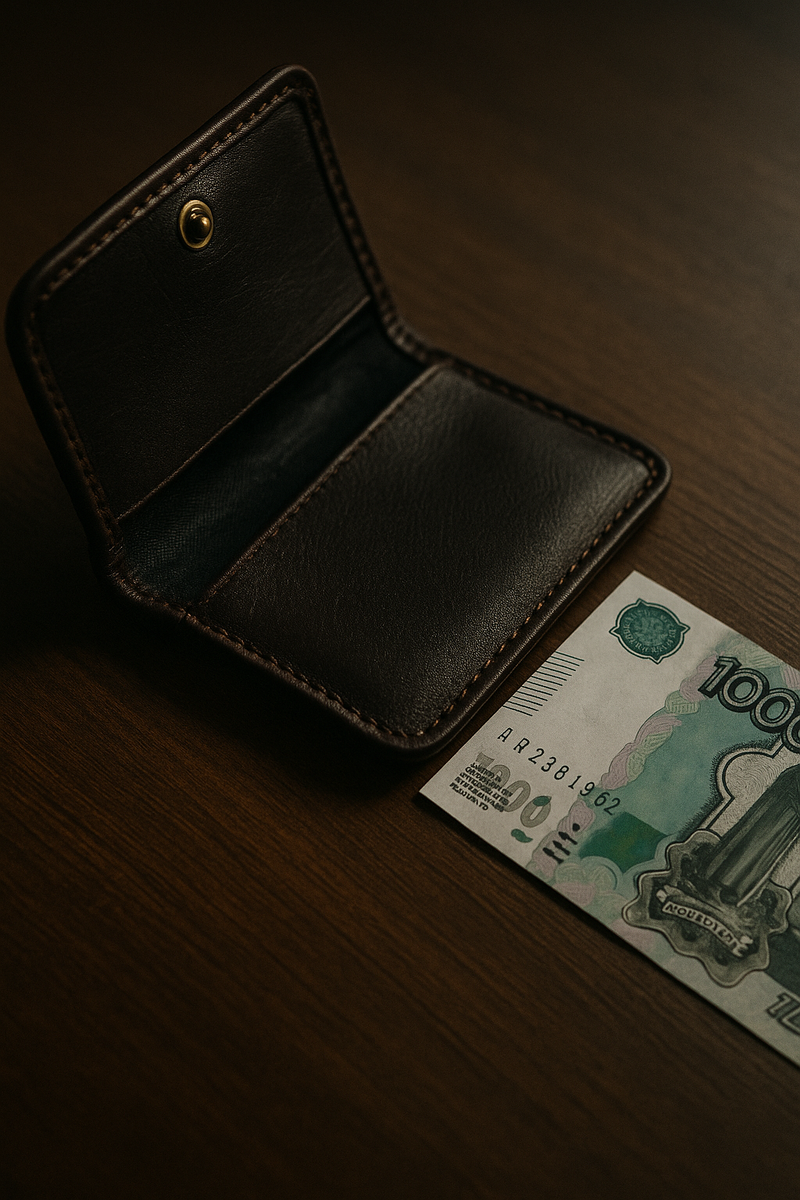 На столе кошелёк с одной купюрой
