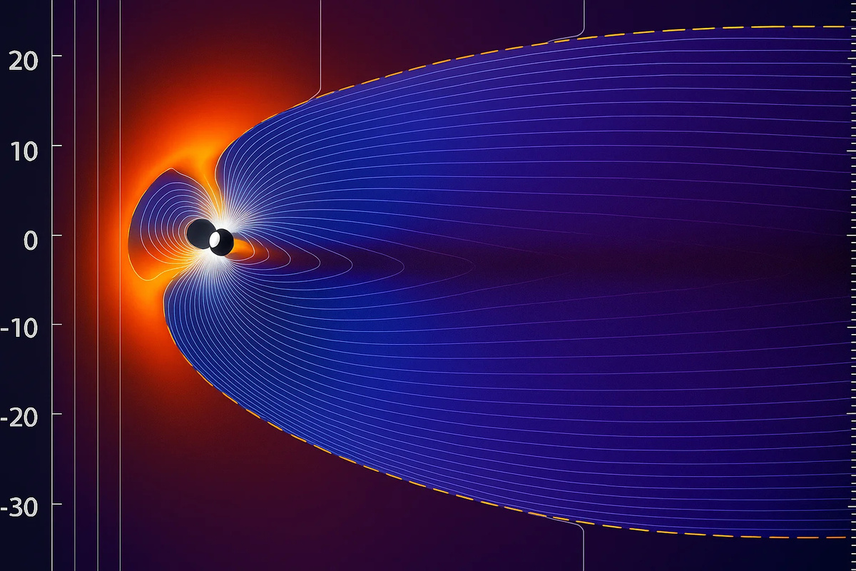 Магнитное поле Земли во время магнитной бури. Credit: Los Alamos National Laboratory.