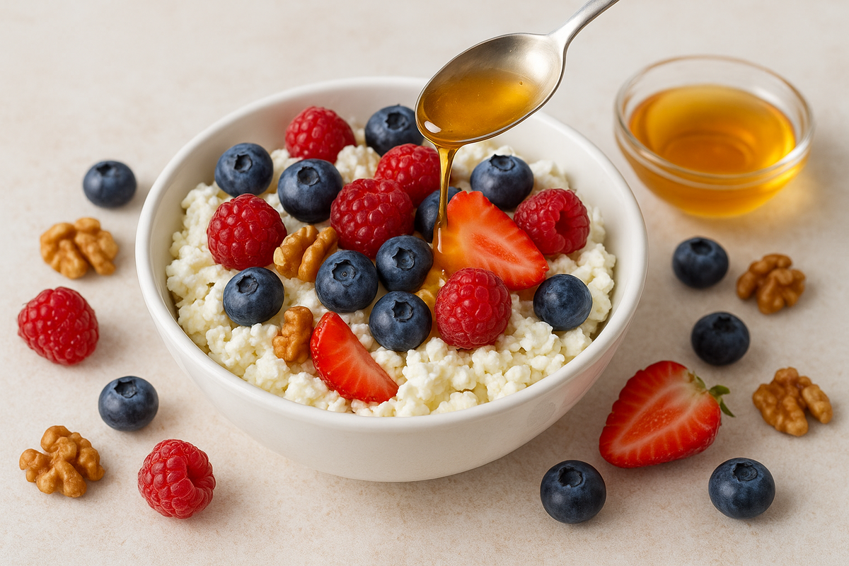 Творог с ягодами и мёдом 
