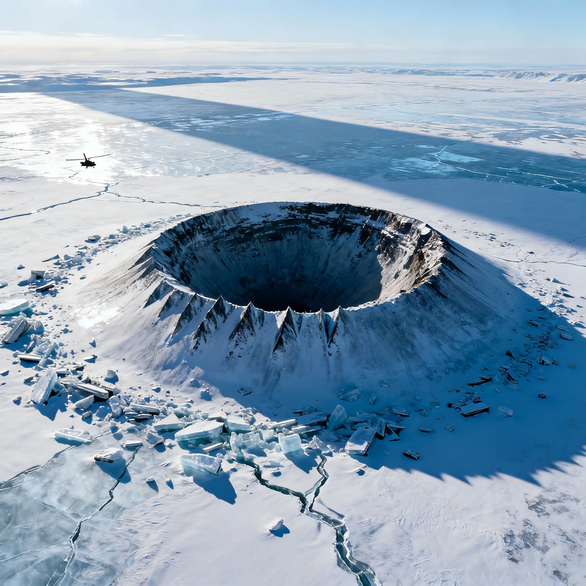 Взрывной кратер в вечной мерзлоте с вертолета