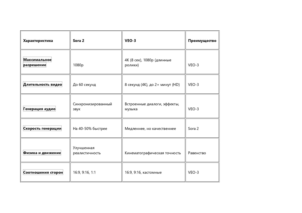 Сравнительная таблица