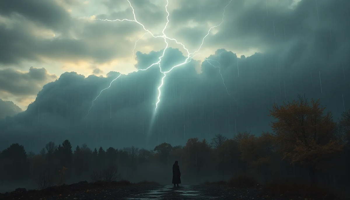 осенний дождь, разорванное небо, граница между прошлым и настоящим. Образ передаёт ту самую меланхоличную атмосферу принятия и отпускания, о которой говорится в стихах.