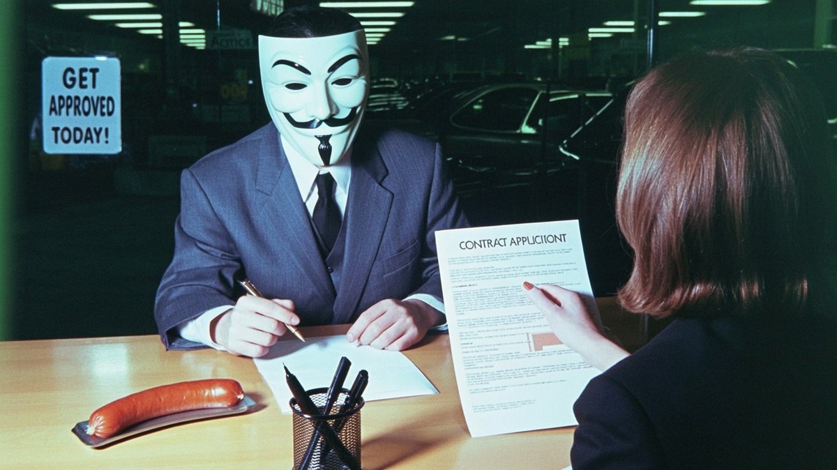 Мистер Никто слушает кредитного специалиста, который озвучивает условия кредита на новую шляпу