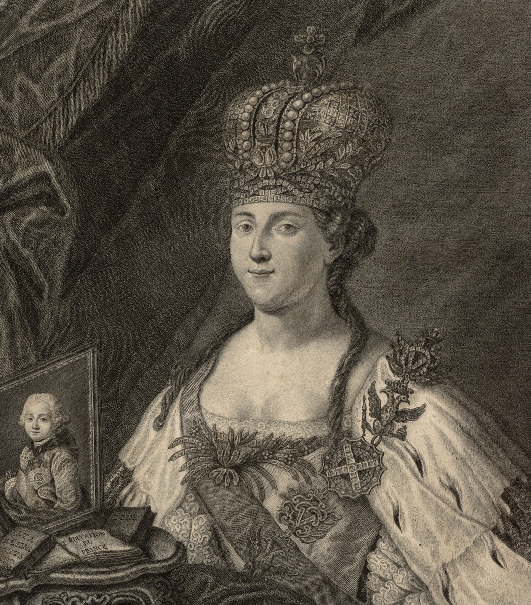Екатерина II с портретом Павла I (гравюра Стефано Торелли?)