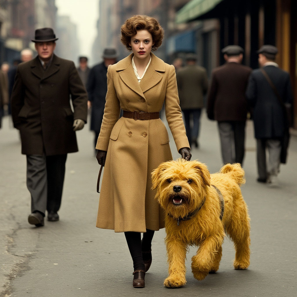 Красивая, светского вида дама прошла мимо нас, держа на сворке сопящее, злобное, переваливающееся существо в образе желтой собачонки. 