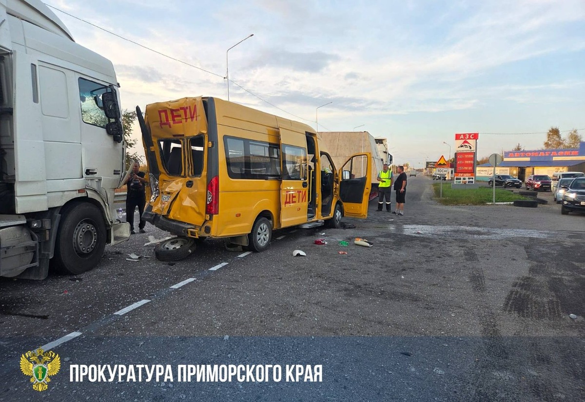 Отмечается, что микроавтобус с детьми двигался по трассе А-370 «Уссури» в сторону Хабаровска, когда водитель одного из грузовиков нарушил дистанцию и врезался в транспортное средство. От удара микроавтобус въехал в другой грузовик, который двигался впереди. 
  📷   Фото: Прокуратура Приморского края (Telegram @prosecutor_pk)