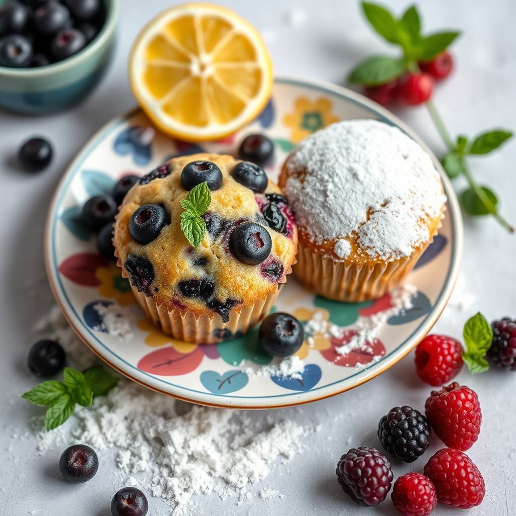 Американский черничный маффин и английский кекс с сахарной пудрой