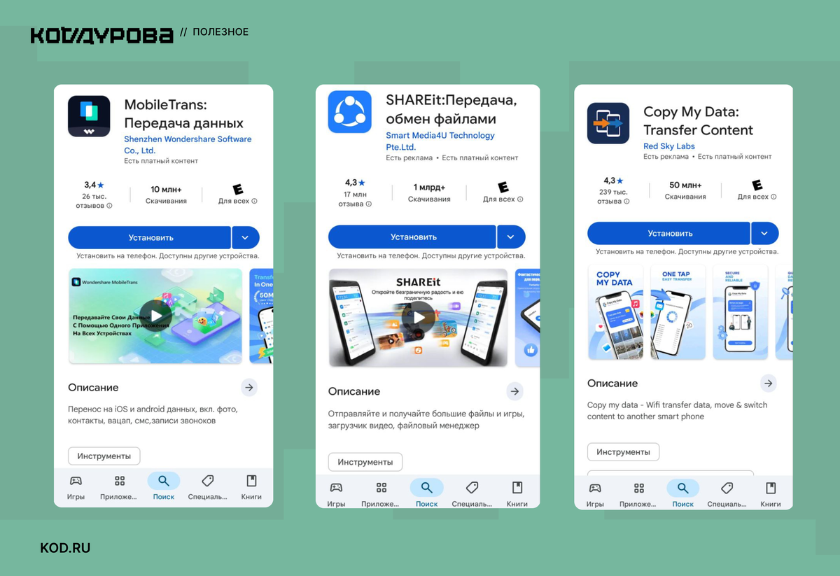 Сторонние приложения для переноса данных