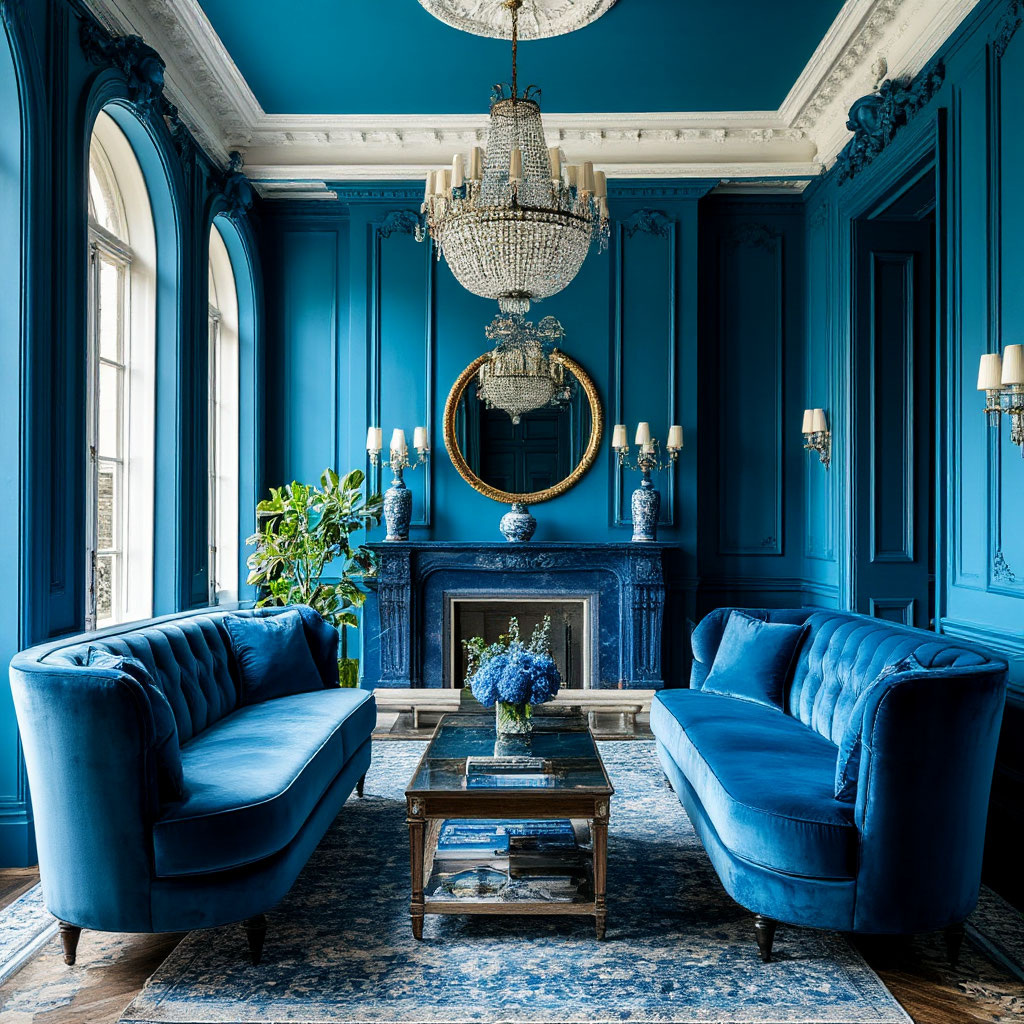 Элегантная гостиная в синих тонах. Стены окрашены в глубокий синий цвет, что создает атмосферу уюта и роскоши 🌸.