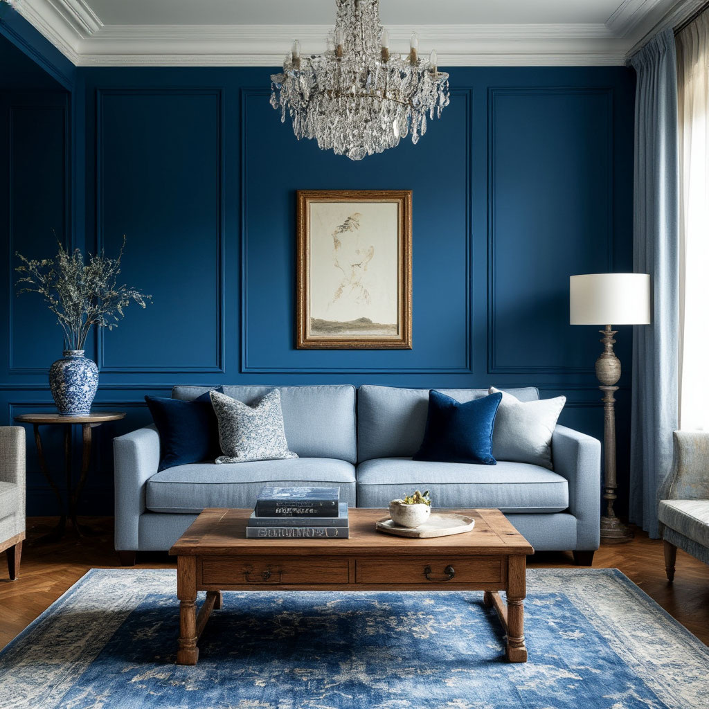 Гостиная с синими стенами и серым диваном. В комнате также есть ковер, журнальный столик, настольная лампа и картина на стене. 🏠🎨💤