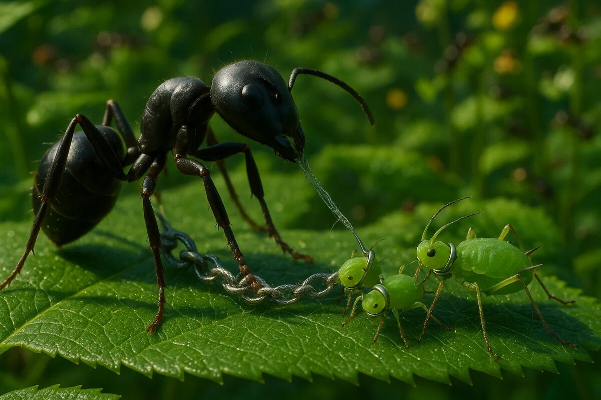 Эти крошечные «рабовладельцы» держат под контролем целые колонии насекомых, заставляя их вырабатывать сладкую медвяную росу. Взамен — защита и уход, но свободы у тлей нет.