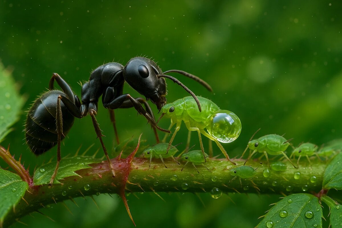 Муравей собирает каплю медвяной росы у тли, словно фермер на рассвете. Учёные называют это древнейшей формой земледелия — насекомые приручили тлю задолго до появления человека.