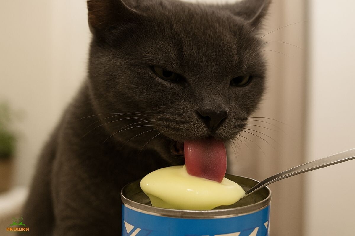 Кот лижет сгущёнку 