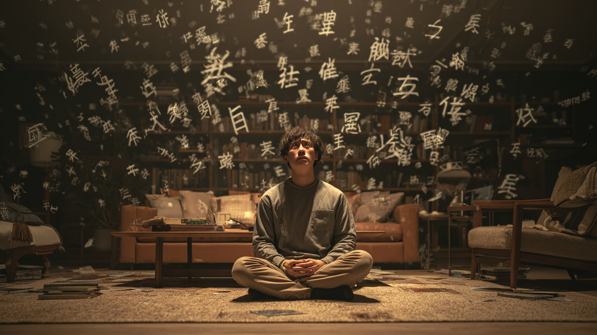 Молодой человек сидит в комнате с закрытыми глазами, вокруг него парят китайские иероглифы, символизирующие духовный мир языка и чисел. Атмосфера тепла и сосредоточенности отражает идею 数字文化 — культуры чисел в Китае, где цифры несут смысл, судьбу и философию гармонии.