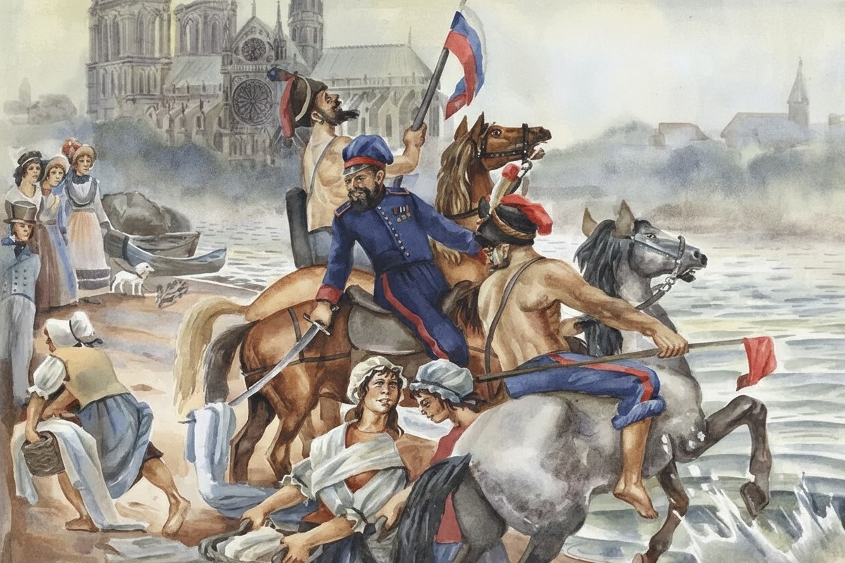 Изображение казаков в Париже 1814 год купающихся в Сене