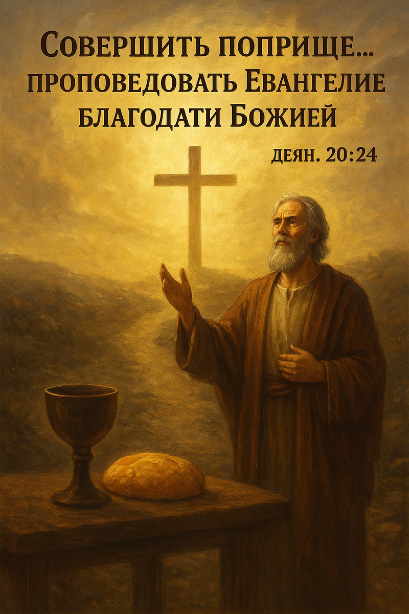 Деян. 20:24: «Но я ни на что не взираю и не дорожу своей жизнью, только бы с радостью совершить поприще мое и служение, которое я принял от Господа Иисуса, — проповедать Евангелие благодати Божией».