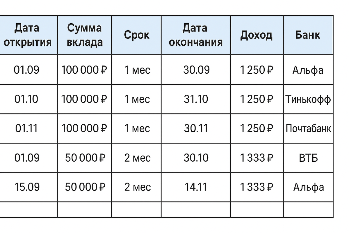 Пример таблицы для лесенки вкладов
