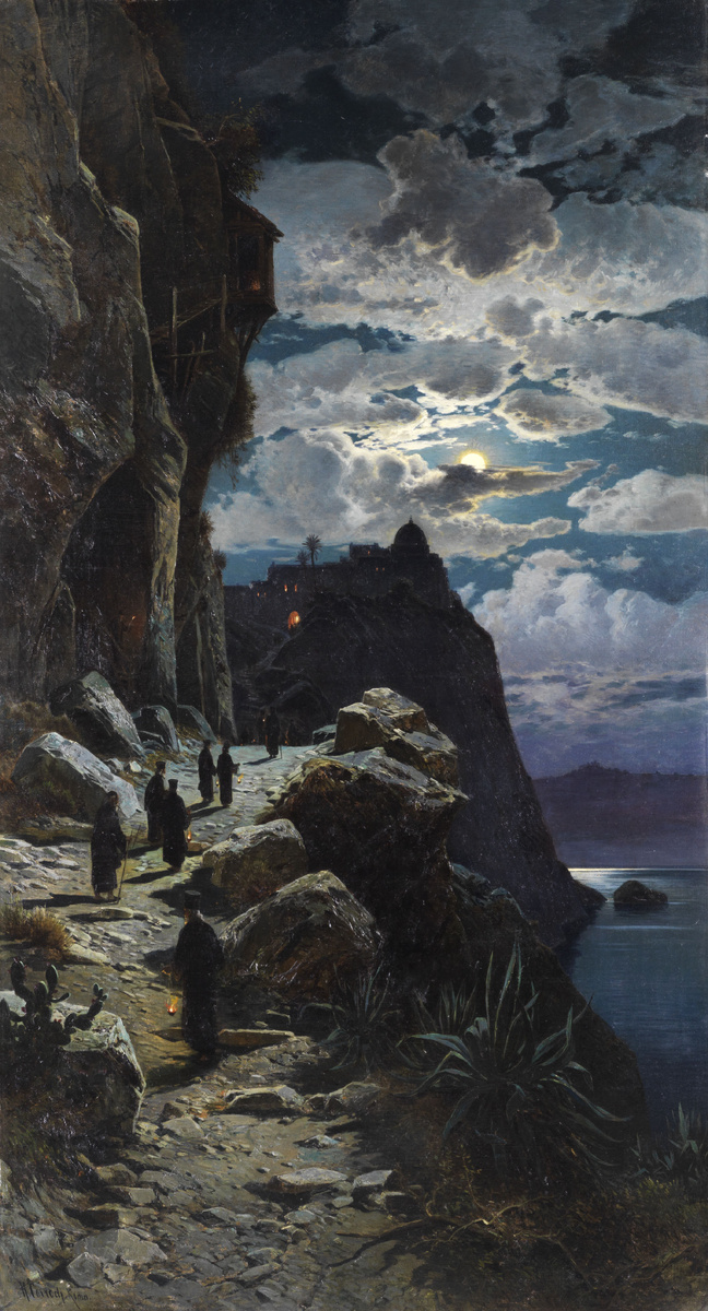 Герман Корроди. Картина «Монахи, идущие к горе Афон» (1905). Размер: 232 × 130 см. Материал: холст, масло.