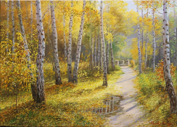 Романтическая золотая осень в живописи художника Владимира Куликова.