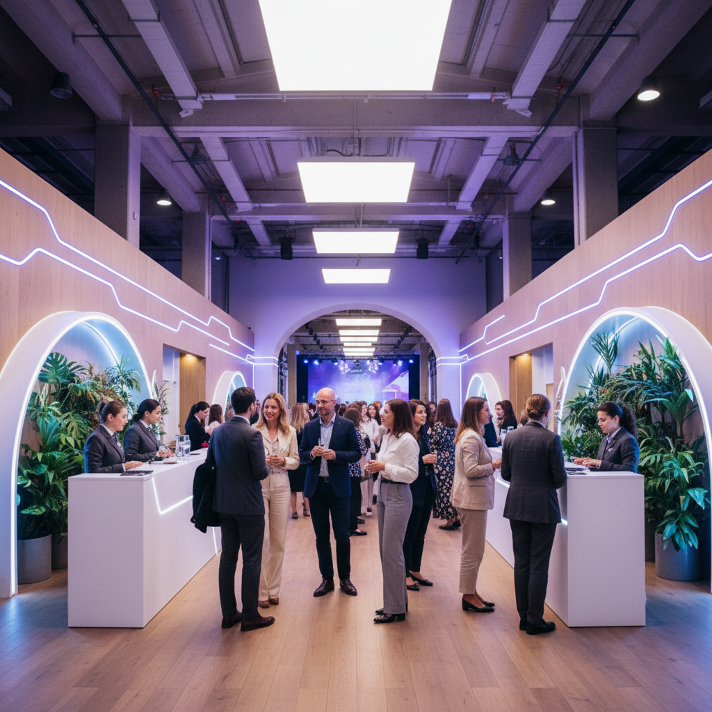 Welcome-зона: просторный холл, световые арки, гости в smart casual