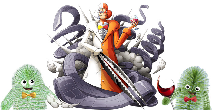 Инадзума, персонаж манги One Piece. Нам больше всего нравится его бабочка: с одной стороны – красная, как у Батраси, с другой – желтая, как у Госпера (ну и винишко, конечно же, тоже). Кстати, среди бабочек гинандроморфизм весьма распространен.
