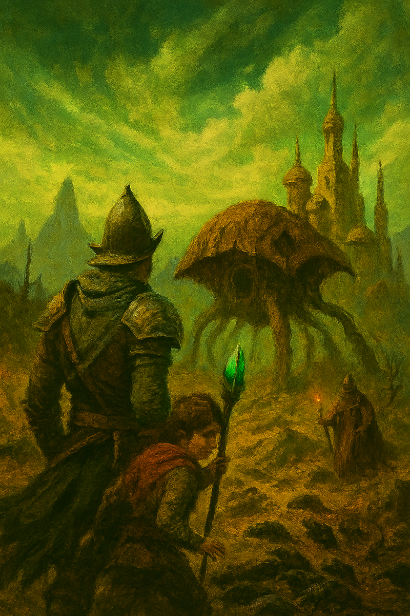 Авантюрист обдумывает свои действия перед странным строением в виде гигантского насекомого, на фоне пустынного пейзажа, вздымающихся башен и зелёного неба.