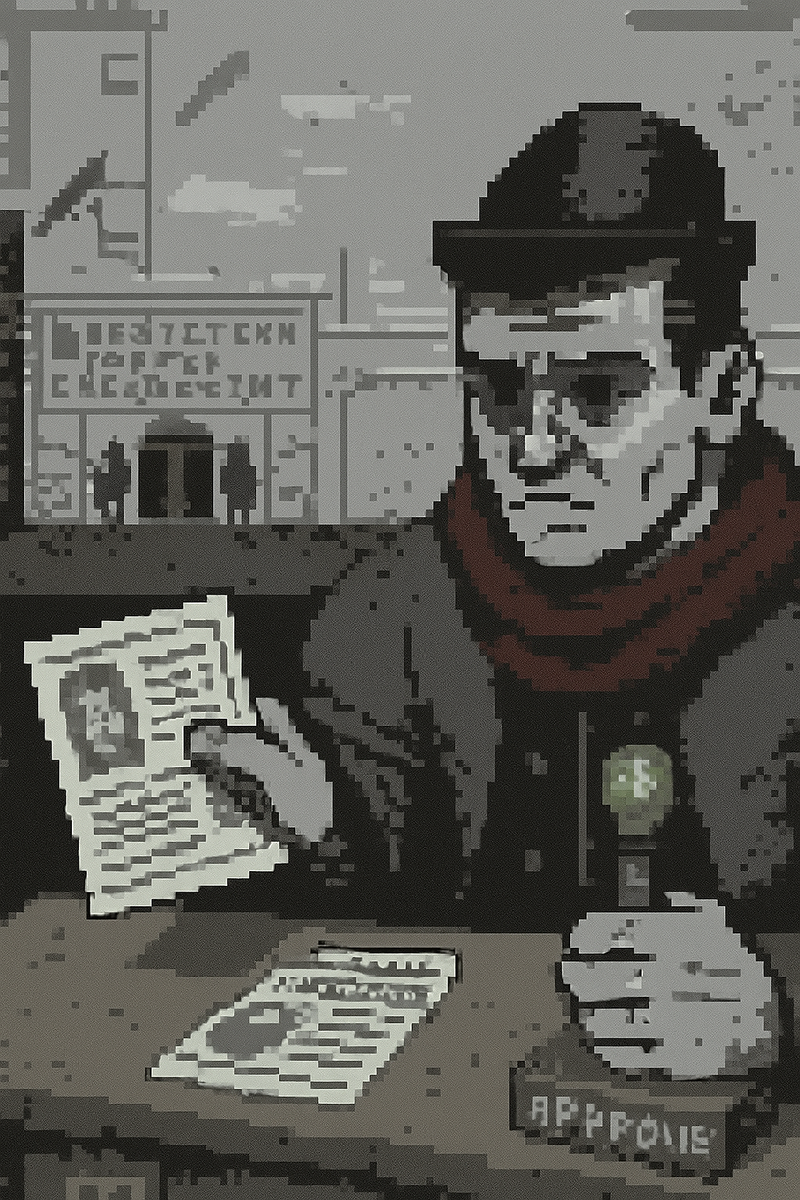 Инспектор сидит за столом на границе Арстоцки, проверяя документы у граждан, в тревожной атмосфере ретро-пиксельного стиля.