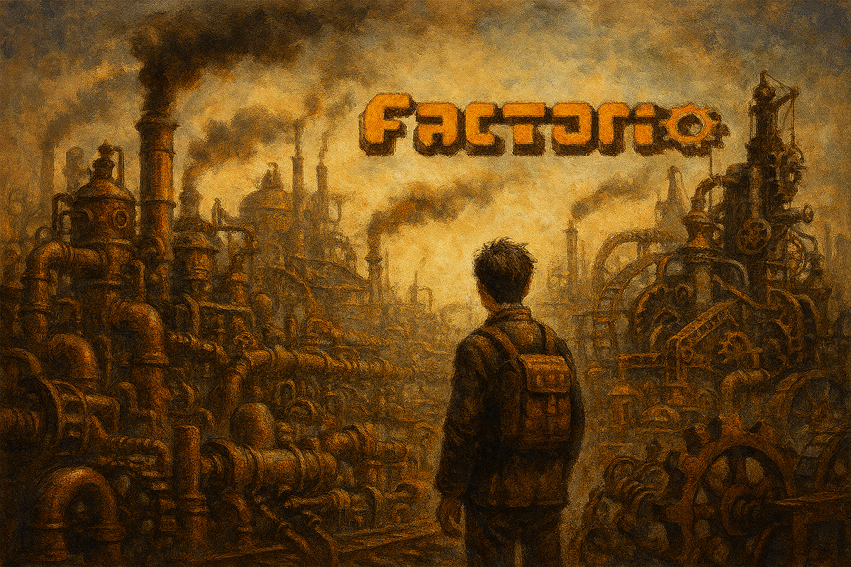 Индустриальный пейзаж, полный труб, механизмов и дымящихся фабрик, с лёгким налётом стимпанка и одиночества.