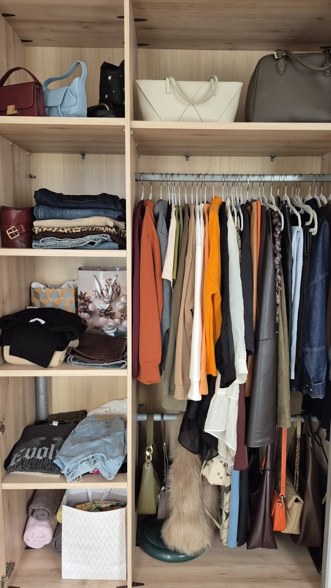 Так выглядит шкаф сейчас. Здесь все верхи, низы и сумки.