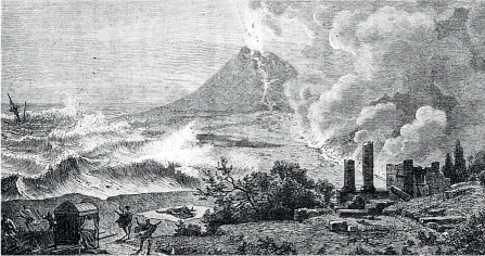 Классическая гравюра, изображающая извержение Везувия в 79 году нашей эры. Плиний Младший выжил; его дядя, Плиний Старший, погиб.