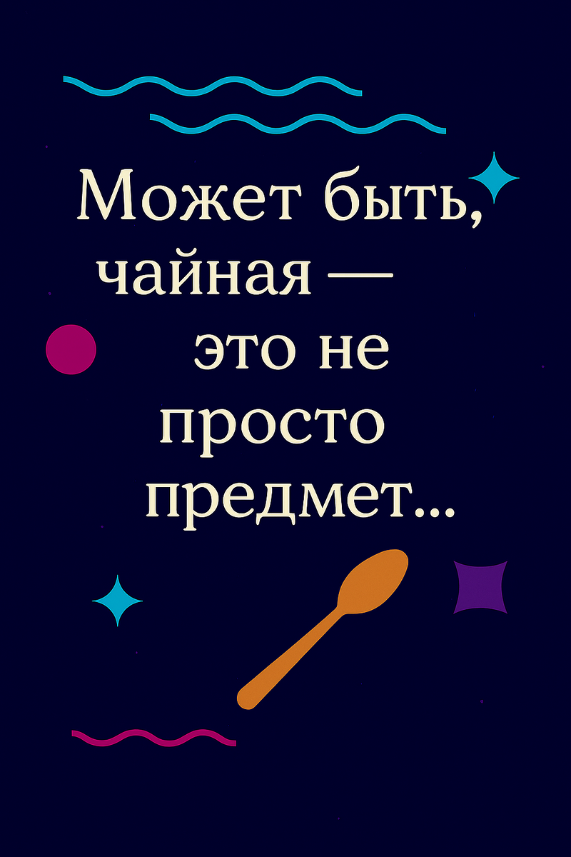 🍵 Может быть, чайная ложка — это не просто предмет… Визуал выполнен в фирменном стиле «Маленькие теории»: тёмный фон, волны, геометрические формы и чистая типографика. Цитата — в центре, как пауза. Каждый элемент — смысловой: волны — как ритм утреннего ритуала, круг — как мягкость, звезда — как тишина, силуэт ложки — как жест нежности и точности. Это не просто картинка. Это визуальный жест, в котором простое становится значимым.