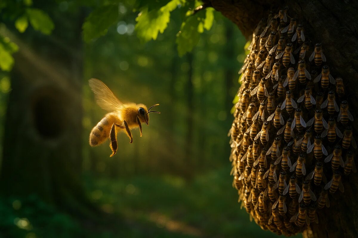 Пчела-разведчица в стремительном полёте возвращается к рою с сенсационной новостью. Её уверенный вираж и динамичная поза — это торжествующее объявление об успехе миссии, визуальный эквивалент крика «Я нашла идеальный дом!».