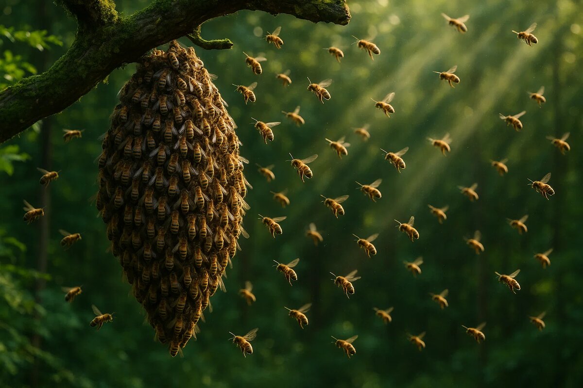 Величественный рой, застывший в момент перед великим переселением. От этой живой, пульсирующей грозди, где каждая пчела — часть целого, уже стартуют разведчицы. Их цель — найти и оценить будущий дом для всей колонии.
