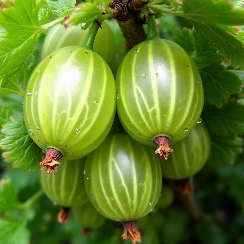 🎨 Яркая, сочная фотография грозди спелого крыжовника на кусте, покрытая каплями росы.