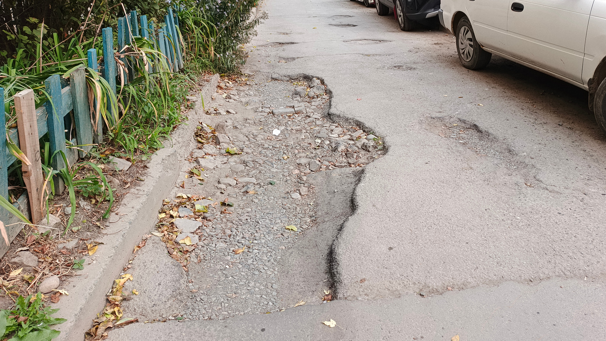 Ближайшая к подъезду ямища стала подлиннее, пошире и поглубже. Время от времени жильцы в неё подкладывают камни и кирпичи. 