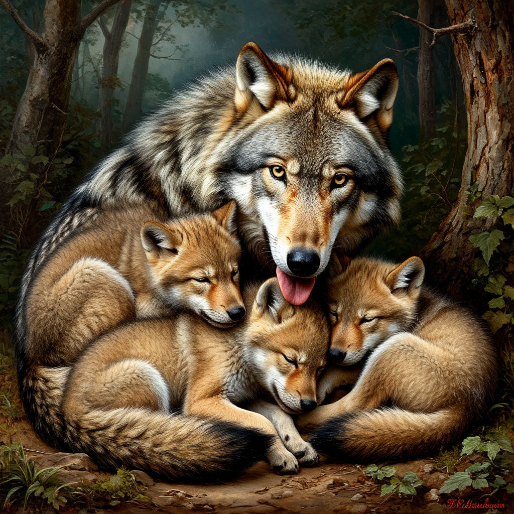 Её волчата, все трое, крепко спали, сбившись в кучу, и грели друг друга. 